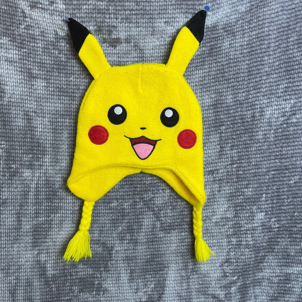 Pokémon Pikachu Face Open Mouth Knit Hat Beanie 2015 adult‎ 4 inch Side Braids
